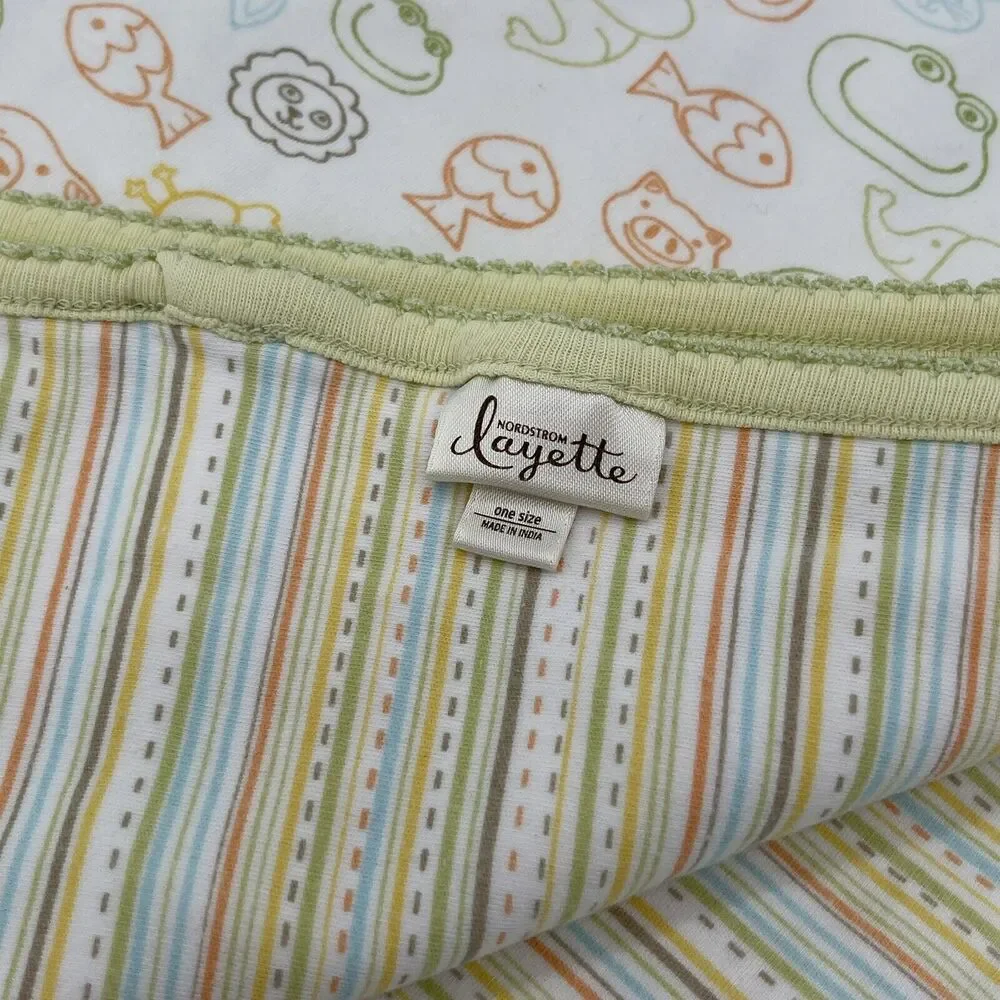 Nordstrom Layette Green Animal Striped Unisex Baby Blanket Lions Pigs Frogs Fish